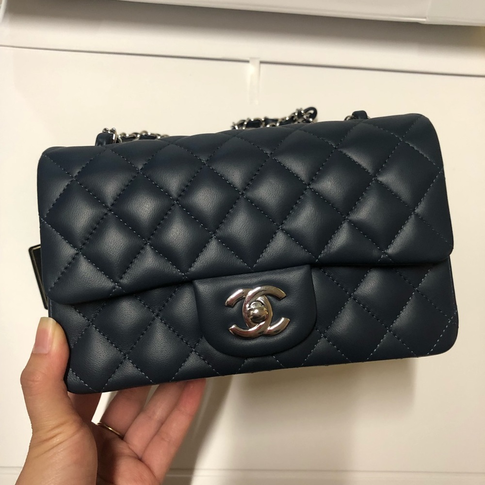 Chanel mini rectangular dark Blue silver lambskin